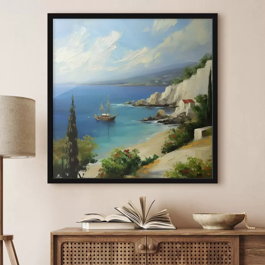 Fototapete Griechische Küste, Schiff, blaues Wasser, Ölgemälde, Sommernatur, Felsen, lebendige Pinselstriche f39425