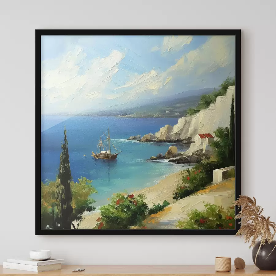 Fototapete Griechische Küste, Schiff, blaues Wasser, Ölgemälde, Sommernatur, Felsen, lebendige Pinselstriche f39425