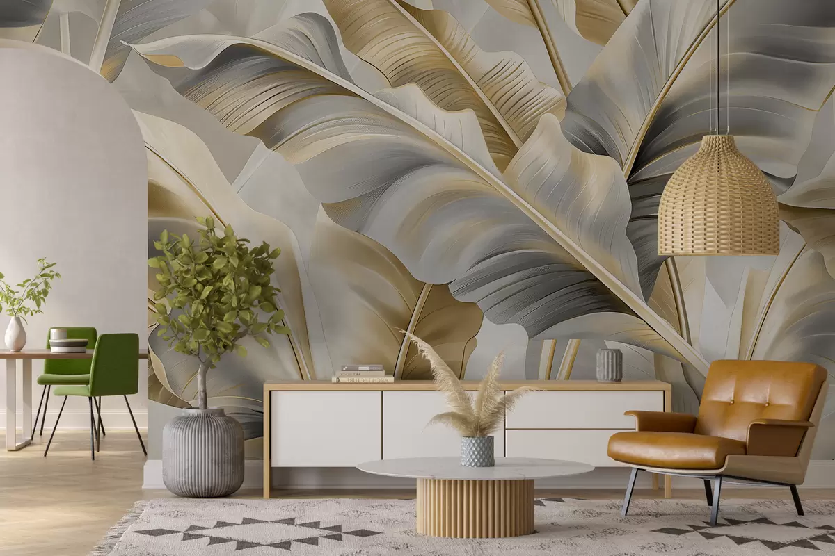 Fototapete luxuriöse große Bananenblätter in grau-beige Tönen w07876