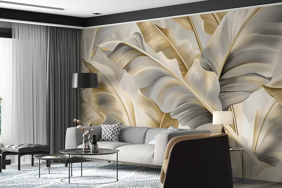 Fototapete luxuriöse große Bananenblätter in grau-beige Tönen w07876