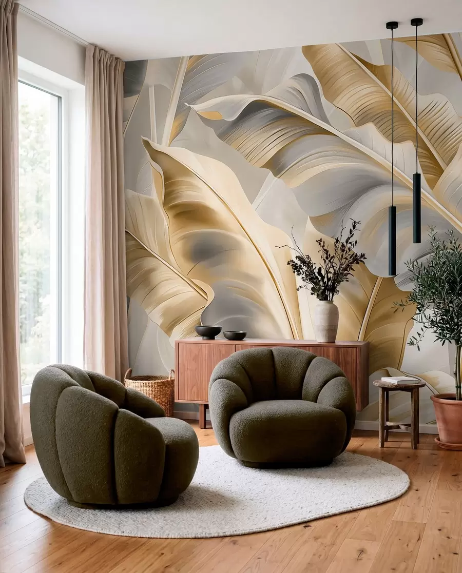 Fototapete luxuriöse große Bananenblätter in grau-beige Tönen w07876