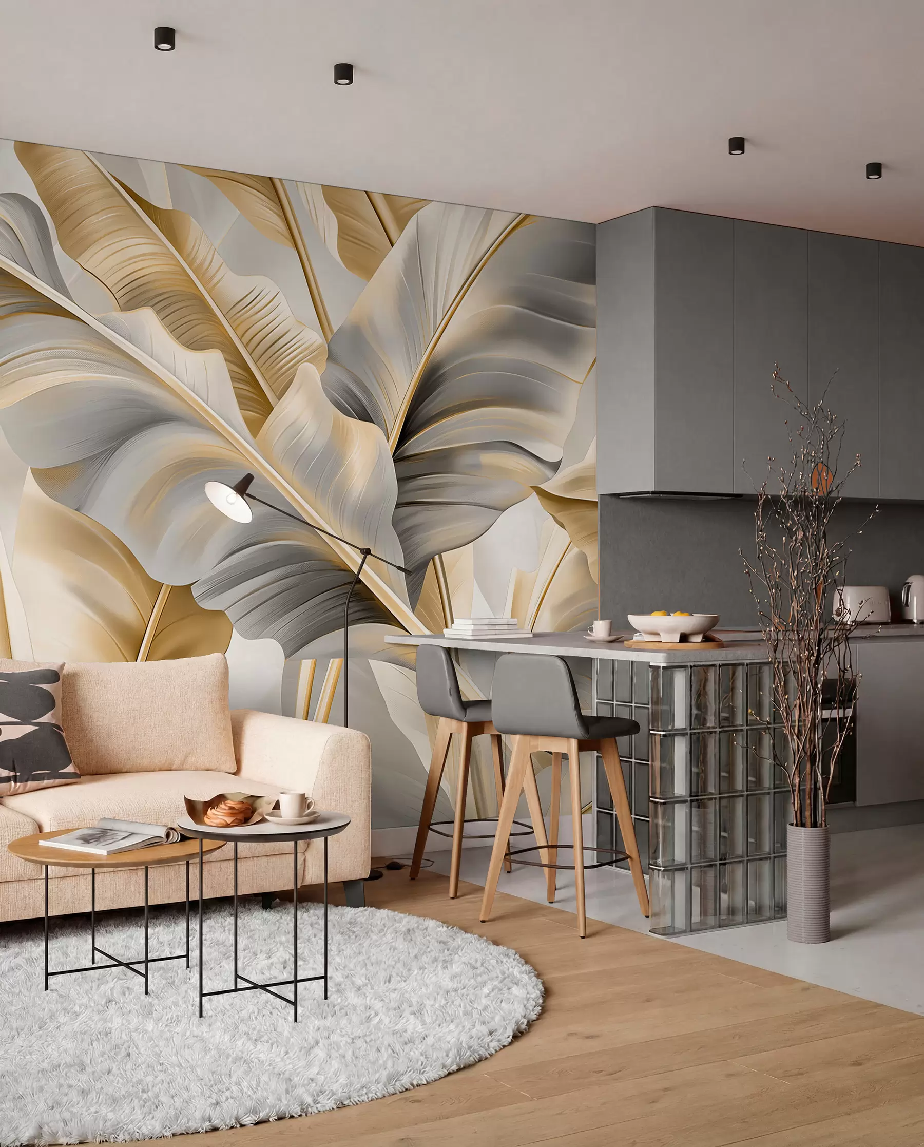 Fototapete luxuriöse große Bananenblätter in grau-beige Tönen w07876