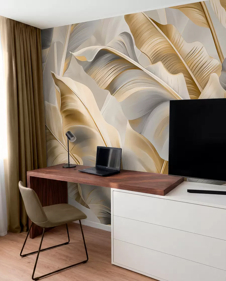 Fototapete luxuriöse große Bananenblätter in grau-beige Tönen w07876