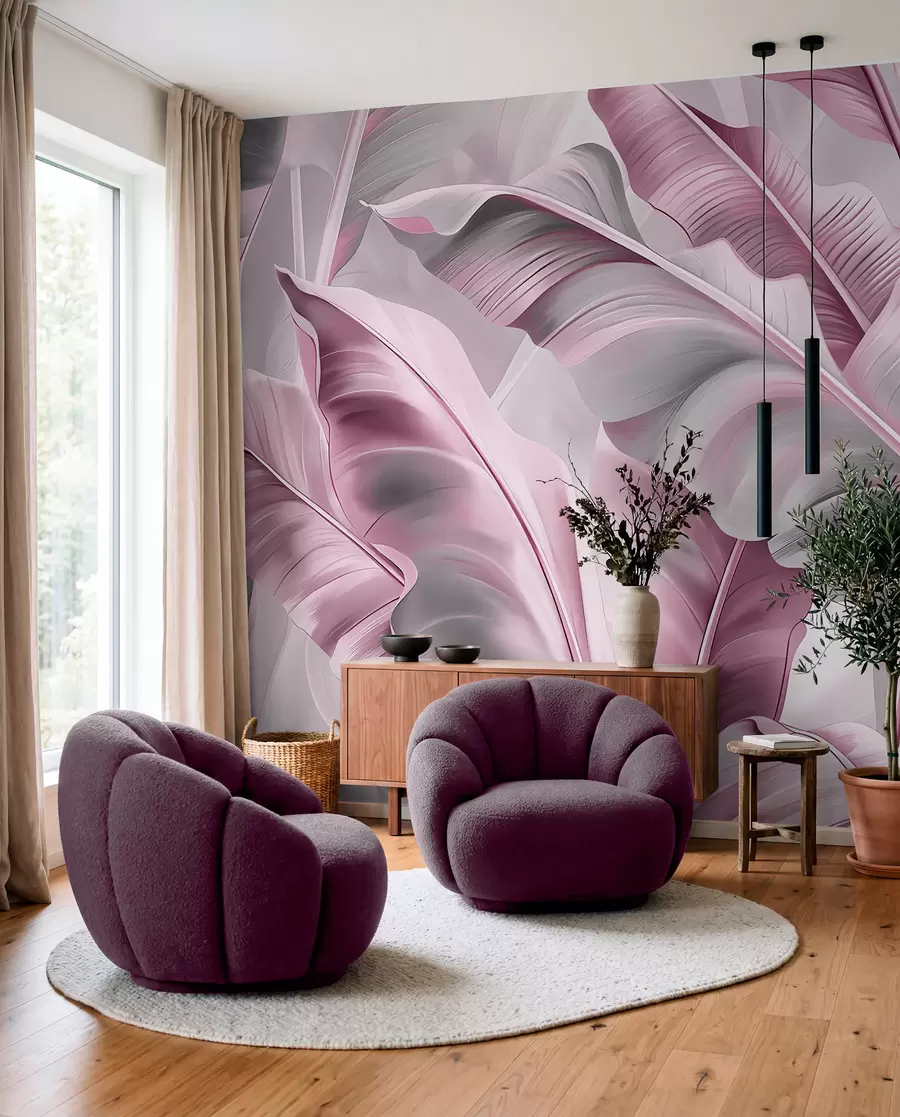 Fototapete luxuriöse große Bananenblätter in rosa-grauen Tönen w07876v2