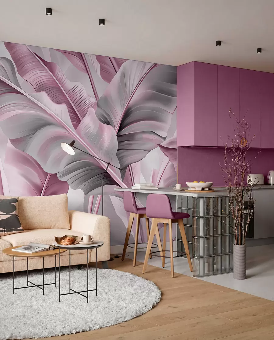 Fototapete luxuriöse große Bananenblätter in rosa-grauen Tönen w07876v2