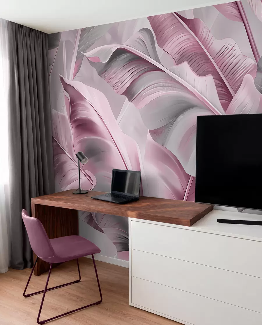 Fototapete luxuriöse große Bananenblätter in rosa-grauen Tönen w07876v2
