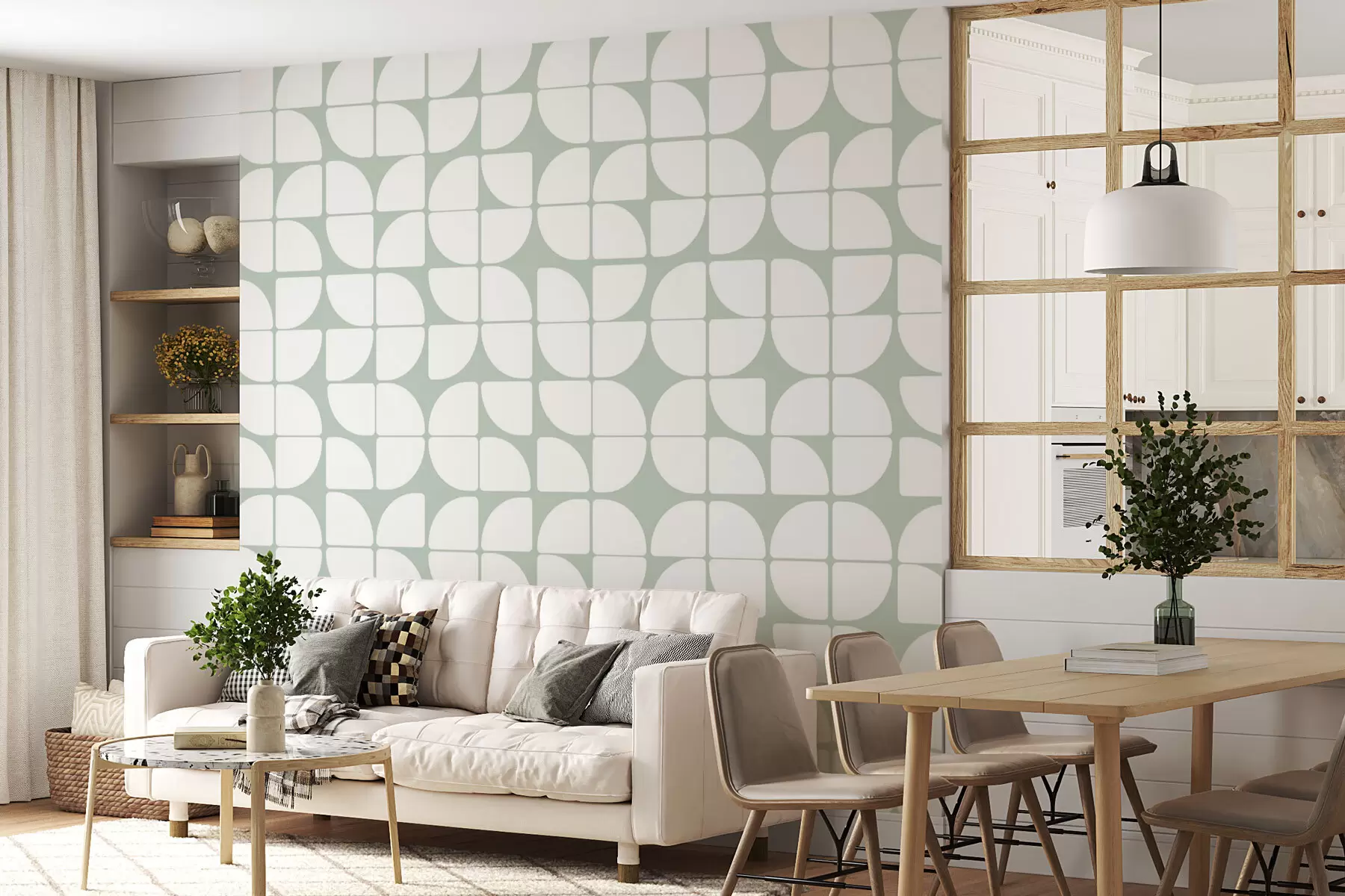 Fototapete Geometrische Tapete im Bauhausstil im Retro-Trend in dunkelgrüner Farbe w07907v2