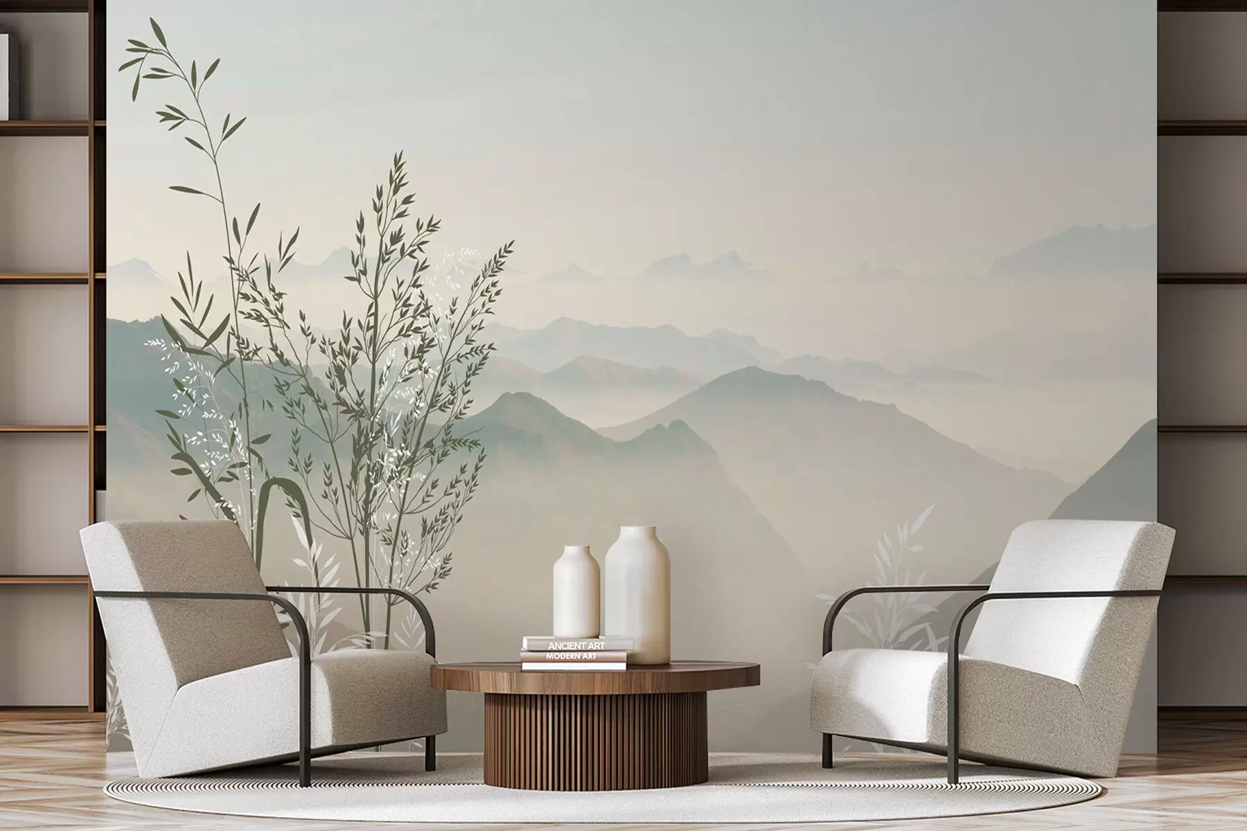 Fototapete Bergblick mit Pflanzen und Blumen w07910v1