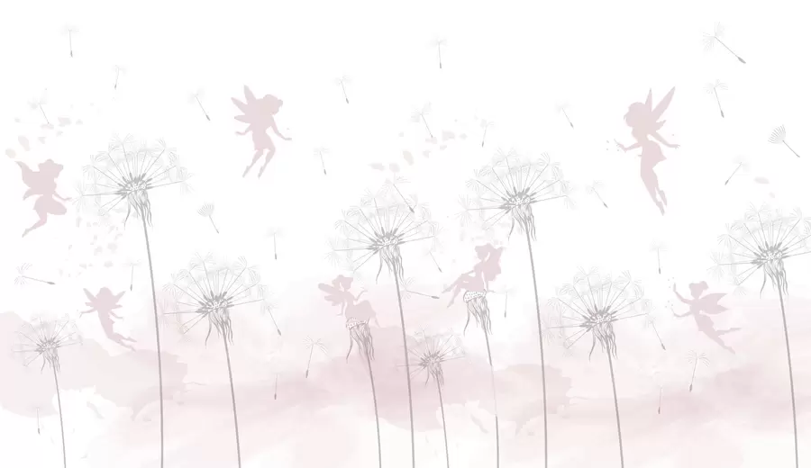 Fototapete Magische Feen in Löwenzahn und Wildblumen skandinavischen Stil für Mädchen rosa Farbe w07913