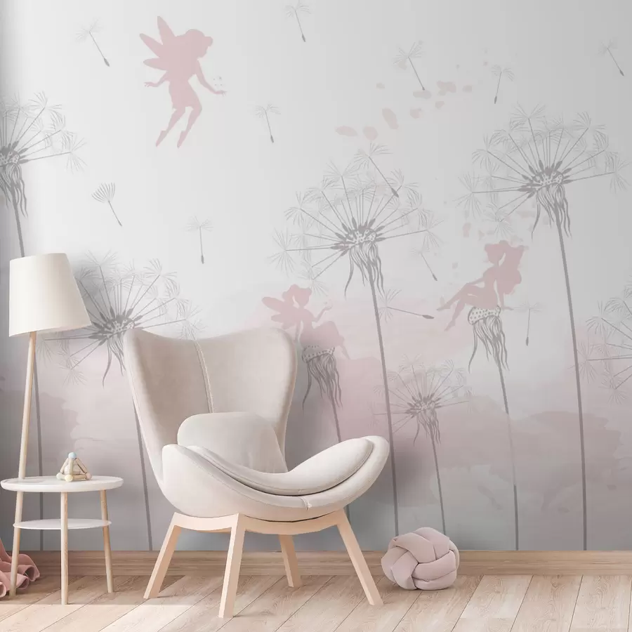 Fototapete Magische Feen in Löwenzahn und Wildblumen skandinavischen Stil für Mädchen rosa Farbe w07913