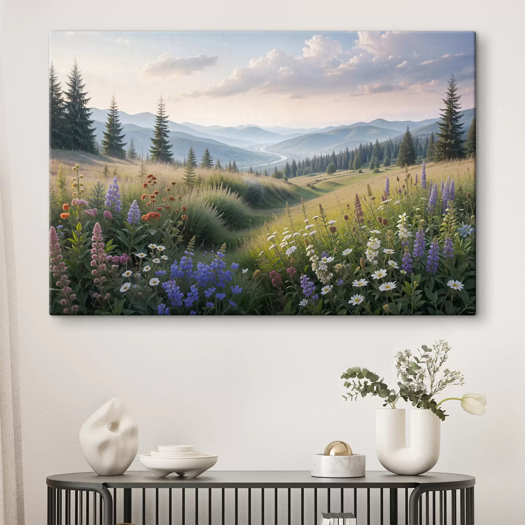 Wandbilder Berglandschaft mit einer Graswiese im Vordergrund voller bunter Wildblumen s39382