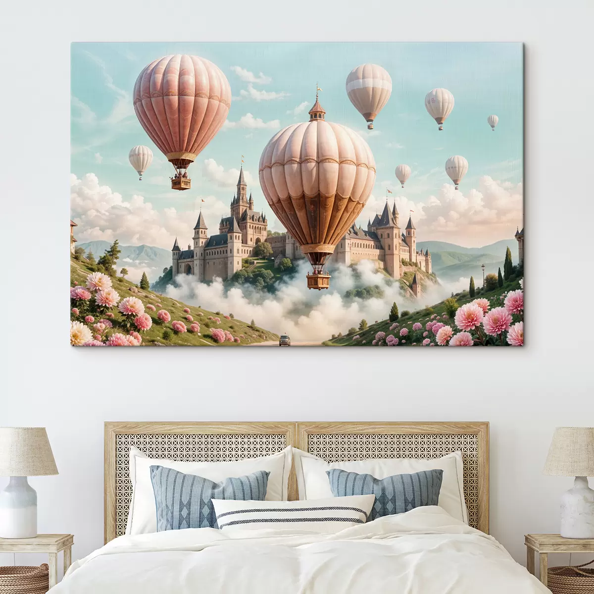 Wandbilder Ein Fantasieschloss, umgeben von rosa Heißluftballons, die in einem wolkigen Himmel über einer üppigen, grünen Landschaft schweben s39387