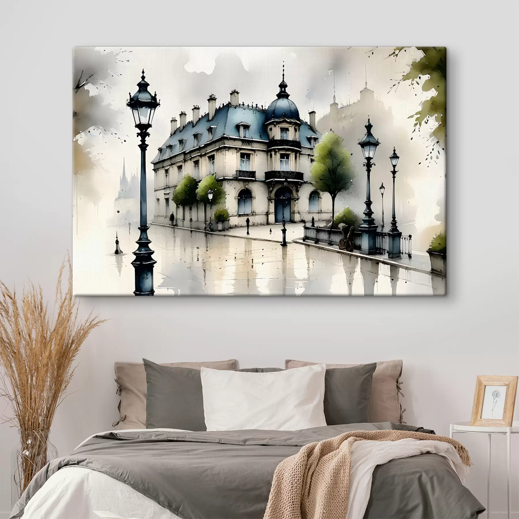 Fototapete Ein großartiges Gebäude Aquarell Kunst umgeben von Laternen und Bäumen, an einem regnerischen Tag s39391