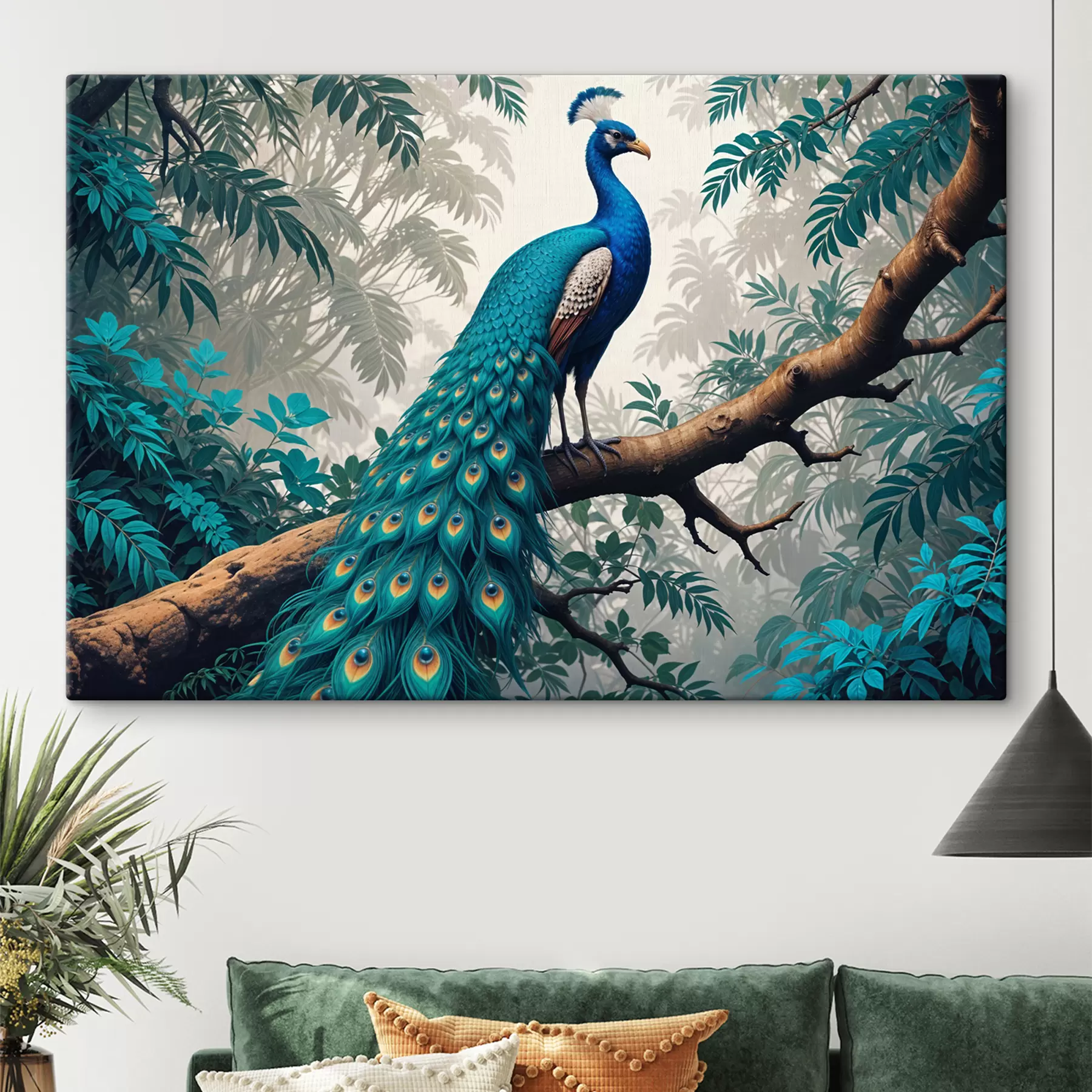 Fototapete Ein leuchtend blauer Pfau, der auf einem Ast in einem üppigen tropischen Wald thront s39401