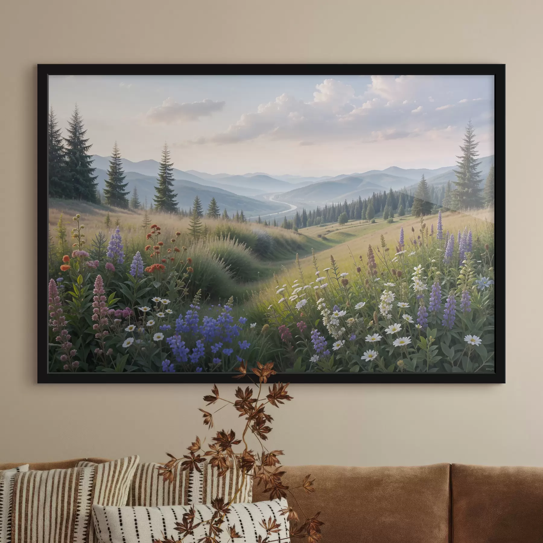 Fototapete Berglandschaft mit einer Graswiese im Vordergrund voller bunter Wildblumen f39382