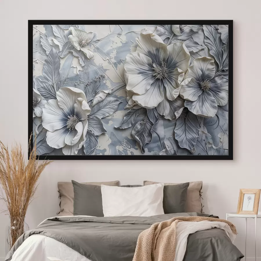 Fototapete Großes grau-weißes Ölgemälde von Blumen mit komplizierten Details vor einem weichen, unscharfen Hintergrund f39385