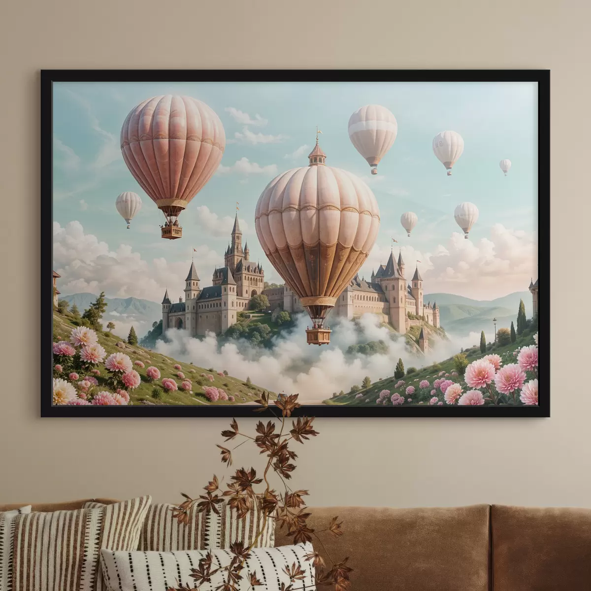 Poster Ein Fantasieschloss, umgeben von rosa Heißluftballons, die in einem wolkigen Himmel über einer üppigen, grünen Landschaft schweben f39387