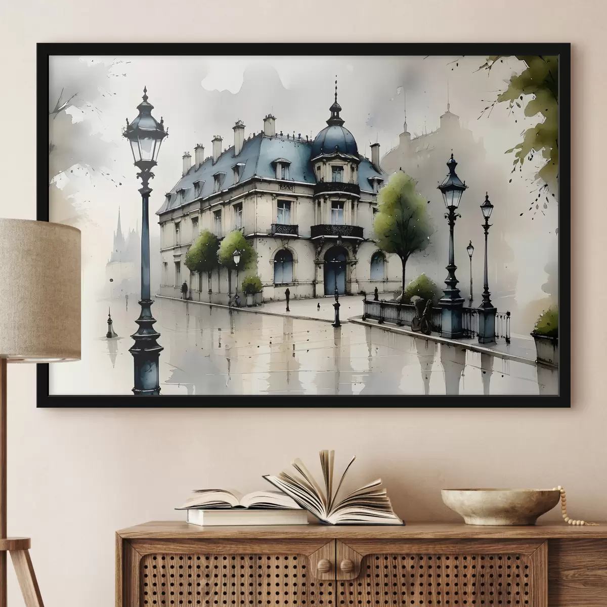 Poster Ein großartiges Gebäude Aquarell Kunst umgeben von Laternen und Bäumen, an einem regnerischen Tag f39391