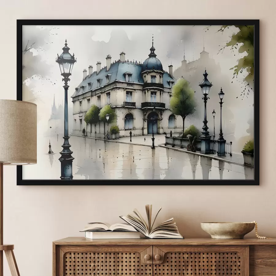 Fototapete Ein großartiges Gebäude Aquarell Kunst umgeben von Laternen und Bäumen, an einem regnerischen Tag f39391