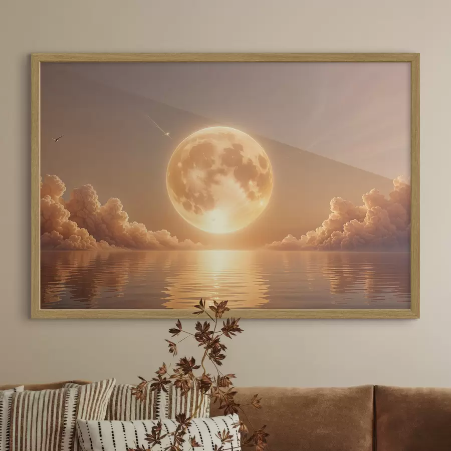 Fototapete Ein großer, heller Vollmond, der bei Sonnenuntergang über einem ruhigen, reflektierenden Ozean aufgeht f39403
