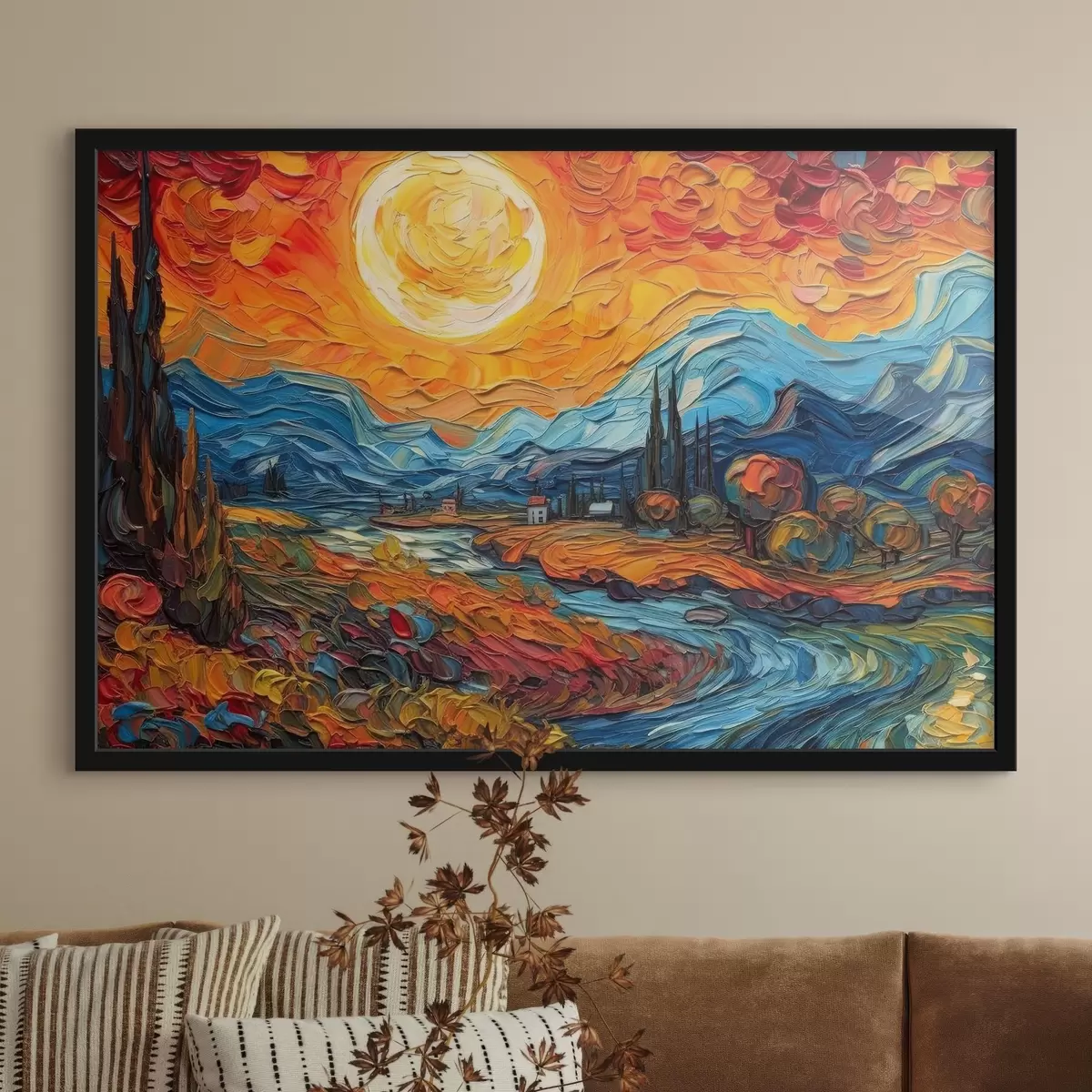 Poster Lebendiger Sonnenuntergang über ruhiger Landschaft f38057