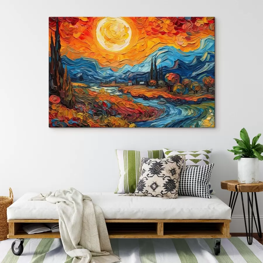 Wandbilder Lebendige Landschaft unter einer glühenden Sonne s38057