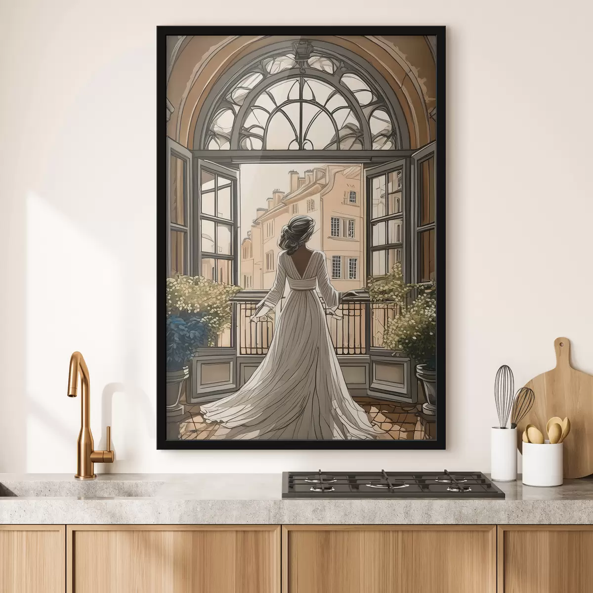 Poster Silhouette eines Mädchens in einem weißen Kleid in der Nähe eines großen Fensters f39480