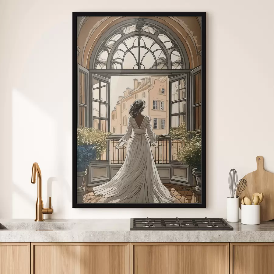 Fototapete Silhouette eines Mädchens in einem weißen Kleid in der Nähe eines großen Fensters f39480