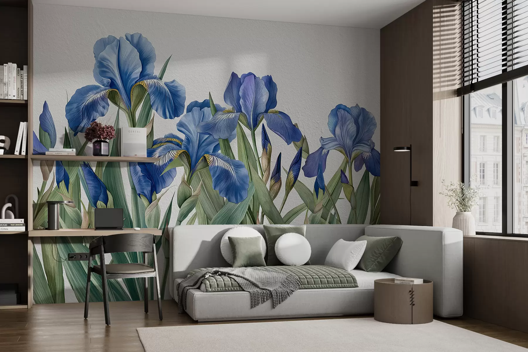 Fototapete Große gemalte Schwertlilien auf einer weißen Betonwand w07949