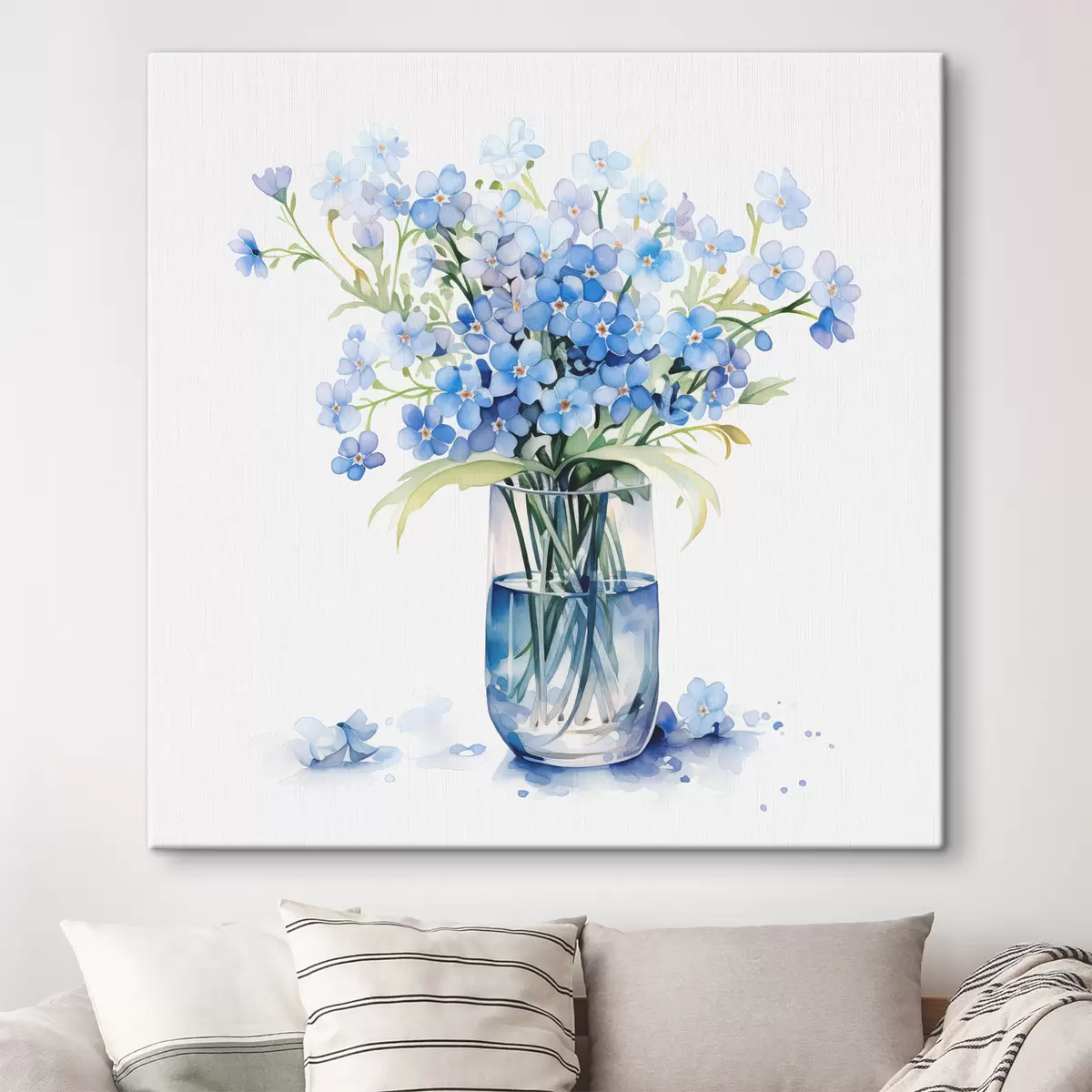 Wandbilder Blumenstrauß aus blauen Wildblumen in einer transparenten Vase Aquarell s39564