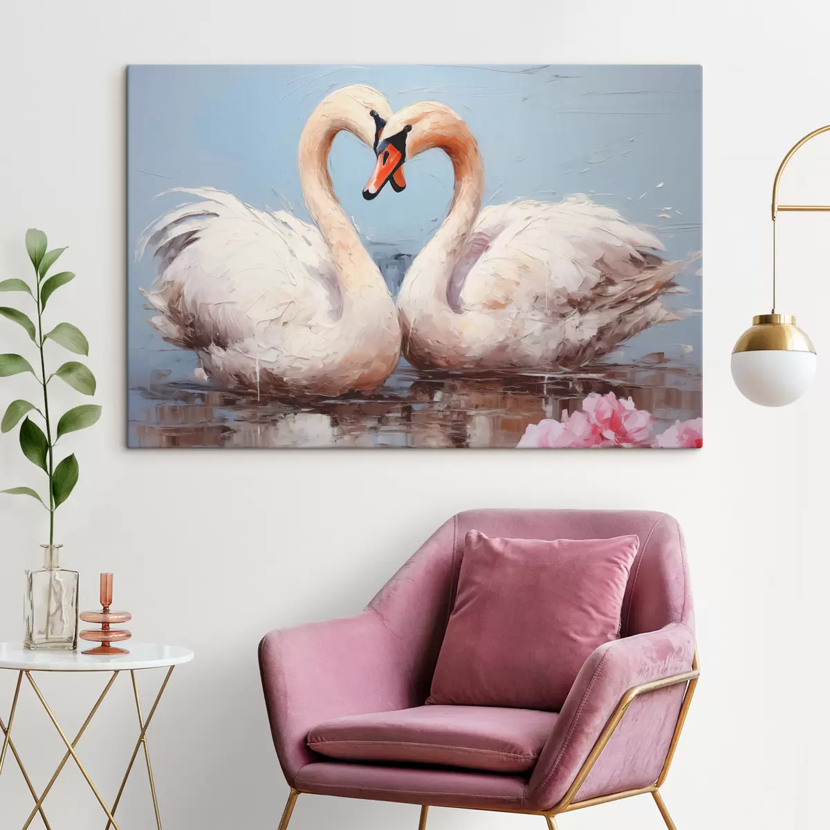 Wandbilder Paar weiße Schwäne auf einem Teich, Ölgemälde s39572