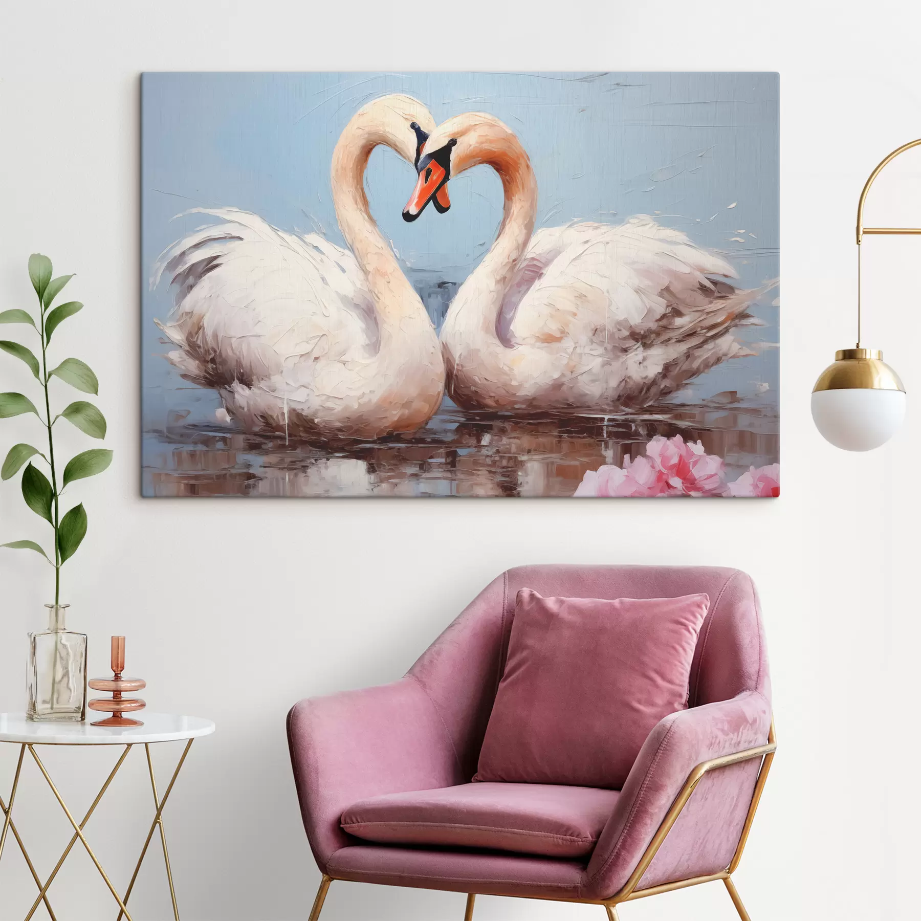 Fototapete Paar weiße Schwäne auf einem Teich, Ölgemälde s39572