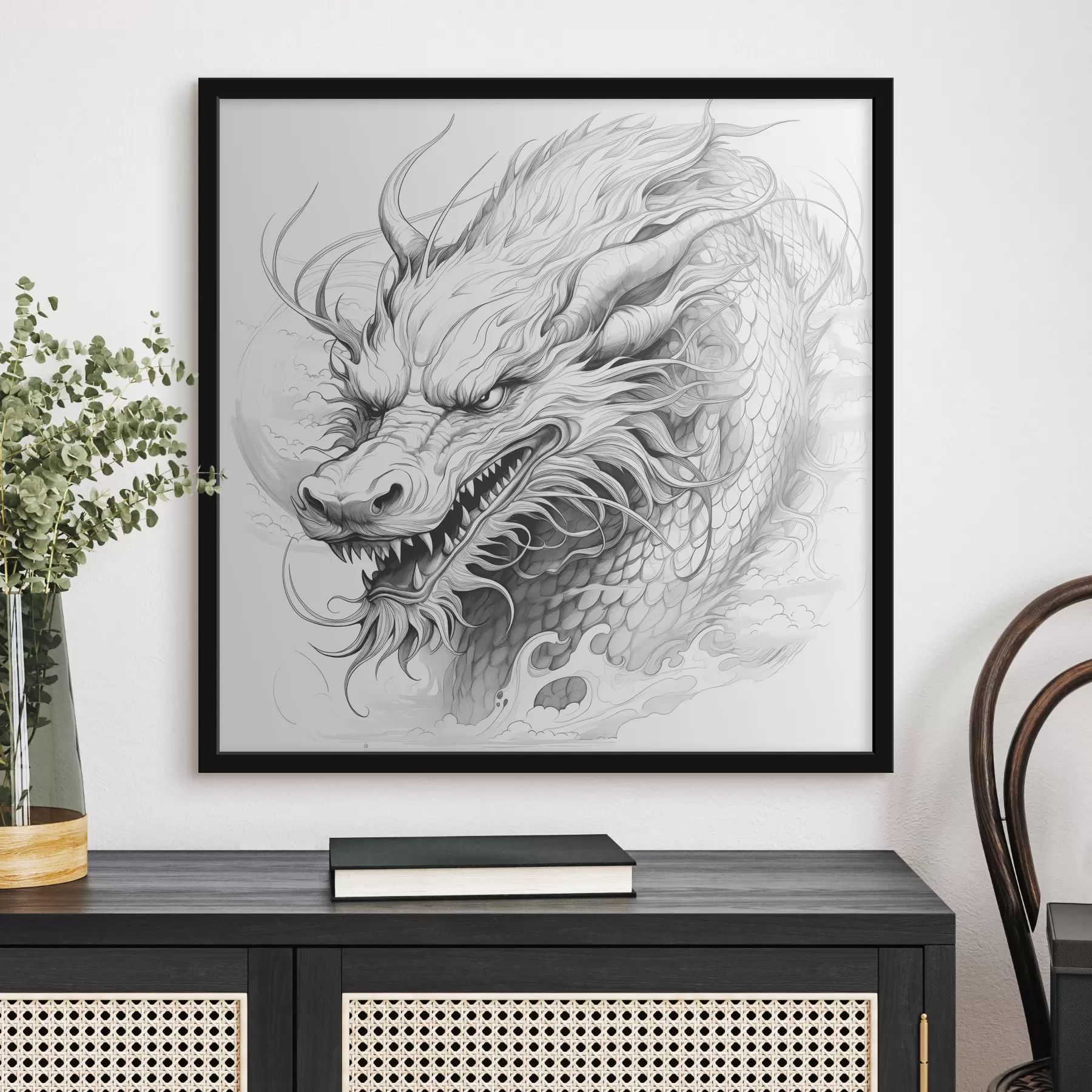 Fototapete Monochrome Strichzeichnung eines Drachens im chinesischen Stil f39563