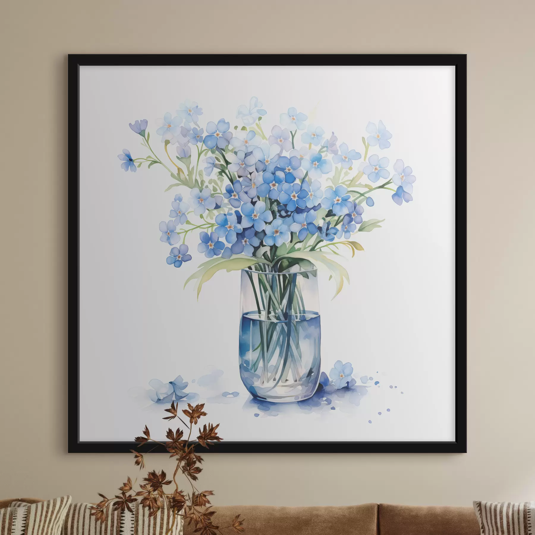 Fototapete Ein Blumenstrauß aus blauen Blumen in transparenter Aquarellfarbe in einer Vase f39564