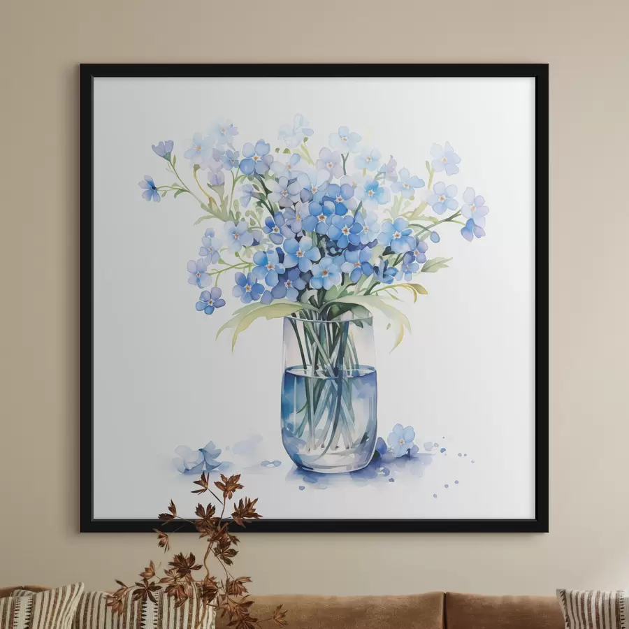 Fototapete Ein Blumenstrauß aus blauen Blumen in transparenter Aquarellfarbe in einer Vase f39564