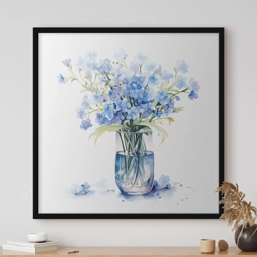 Wandbilder Ein Blumenstrauß aus blauen Blumen in transparenter Aquarellfarbe in einer Vase f39564