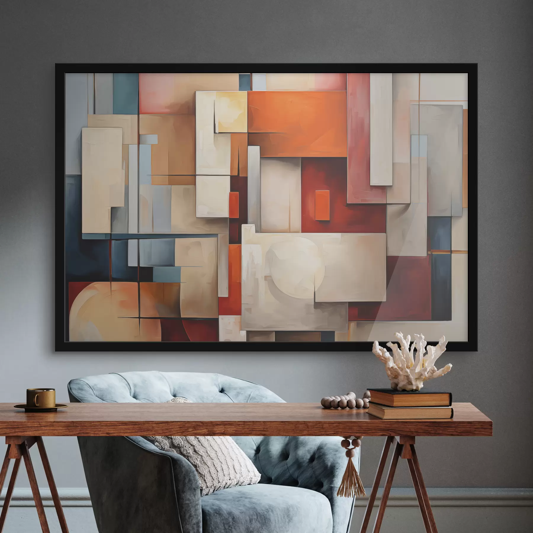 Fototapete Abstraktion im Kubismus-Stil, Ölgemälde, rote, blaue, weiße Farben f39571