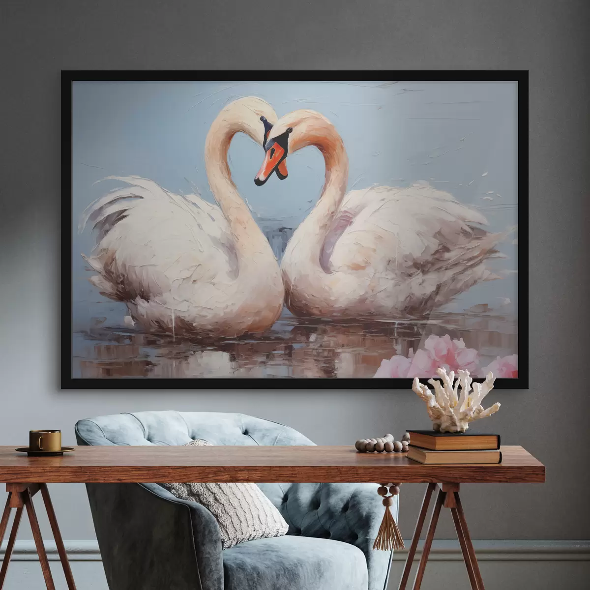 Poster Paar weiße Schwäne auf einem Teich, Ölgemälde f39572