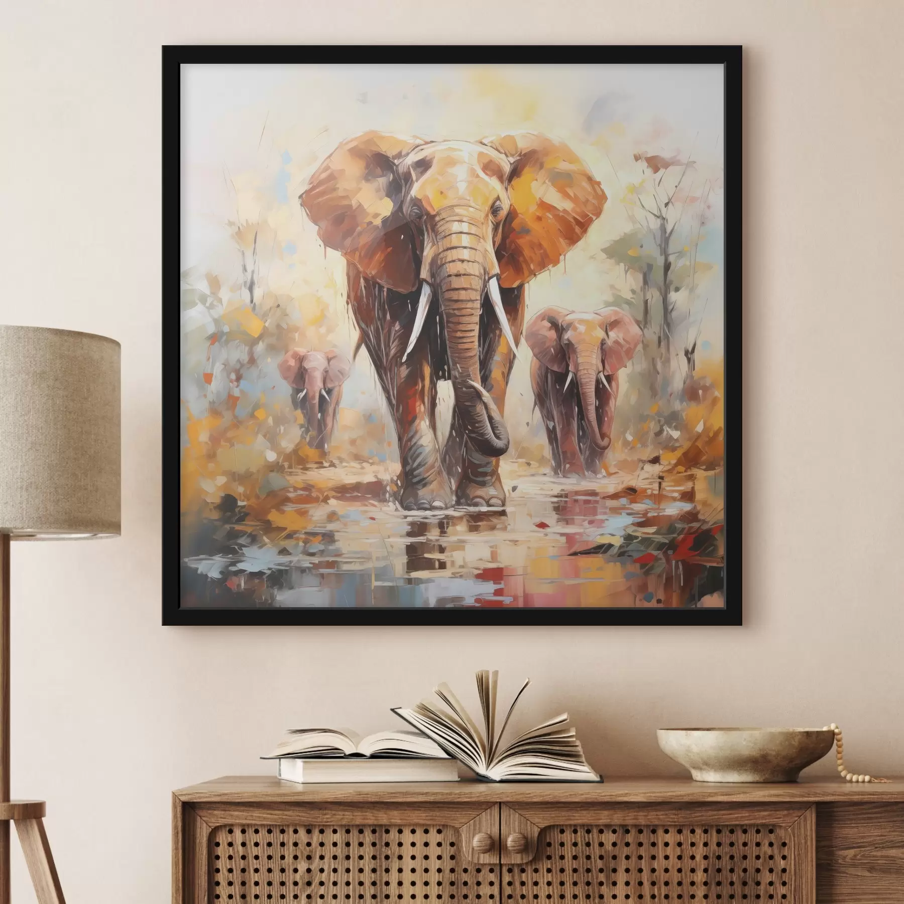 Fototapete Eine Elefantenherde in der Savanne, Ölgemälde, abstrakte Kunst f39573