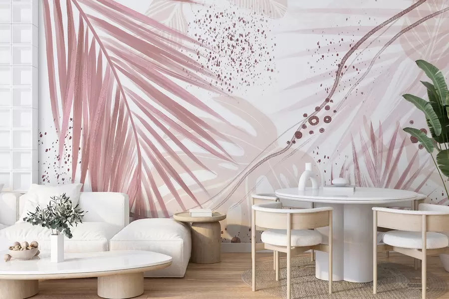 Fototapete Tropische rosa Palmblätter und Wedel mit abstrakten Formen und Spritzern in Rosa- und Weißtönen w07918v1