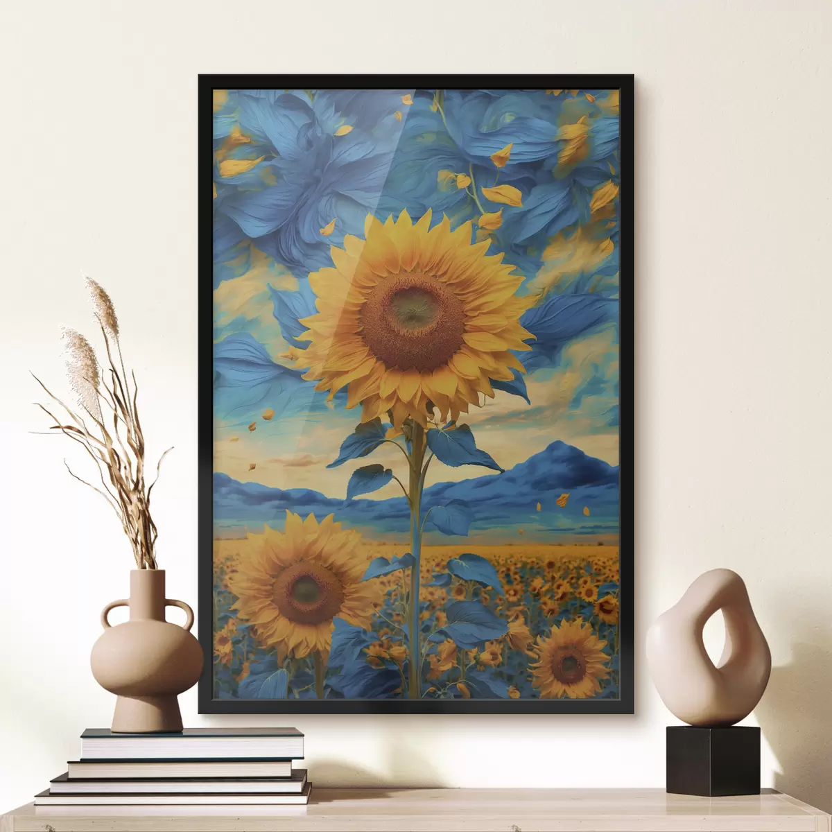 Poster Feld von Sonnenblumen über abstrakten Himmel f39367