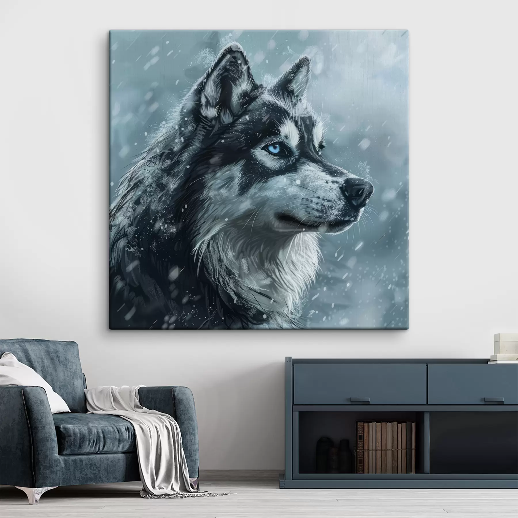 Fototapete Husky mit blauen Augen vor winterblauem Hintergrund s39462