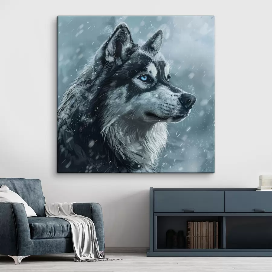 Wandbilder Husky mit blauen Augen vor winterblauem Hintergrund s39462