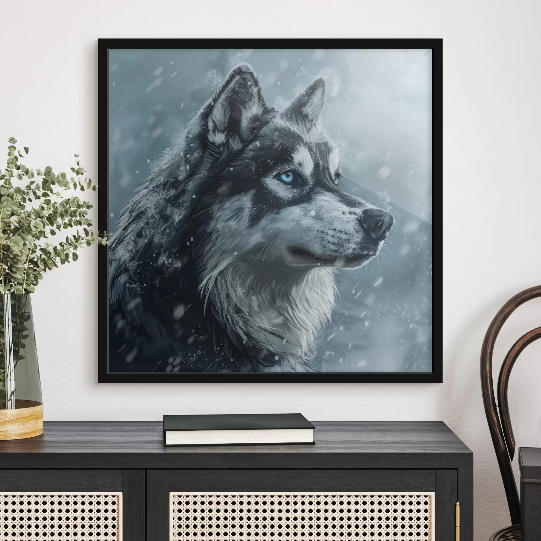 Wandbilder Husky mit blauen Augen auf einem winterblauen Hintergrund f39462