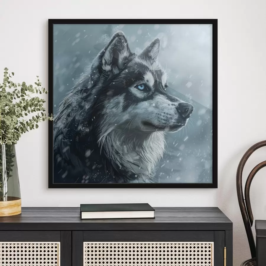 Fototapete Husky mit blauen Augen auf einem winterblauen Hintergrund f39462