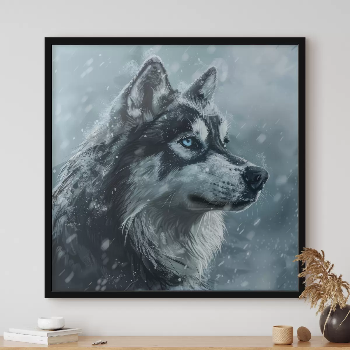 Poster Husky mit blauen Augen auf einem winterblauen Hintergrund f39462