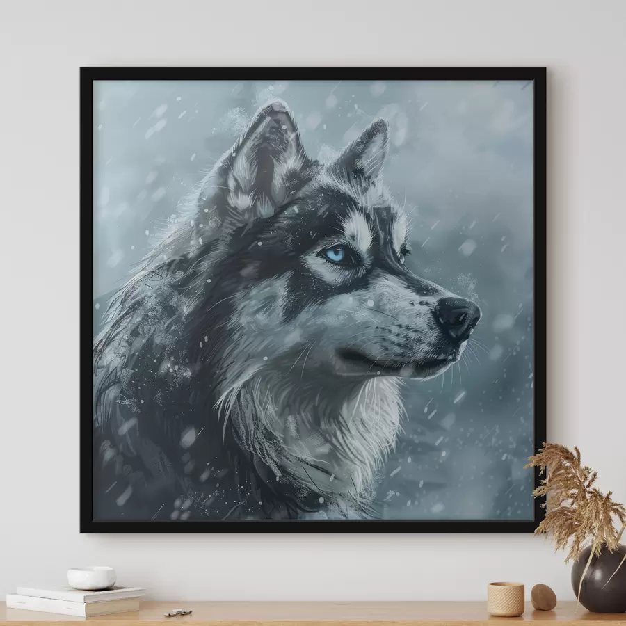 Fototapete Husky mit blauen Augen auf einem winterblauen Hintergrund f39462