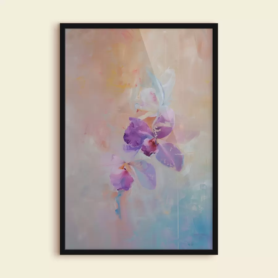 Fototapete Impressionistisches Gemälde einer Orchidee, helle Pastellfarben, halbabstrakter botanischer Druck, mit neutralem Hintergrund f39463