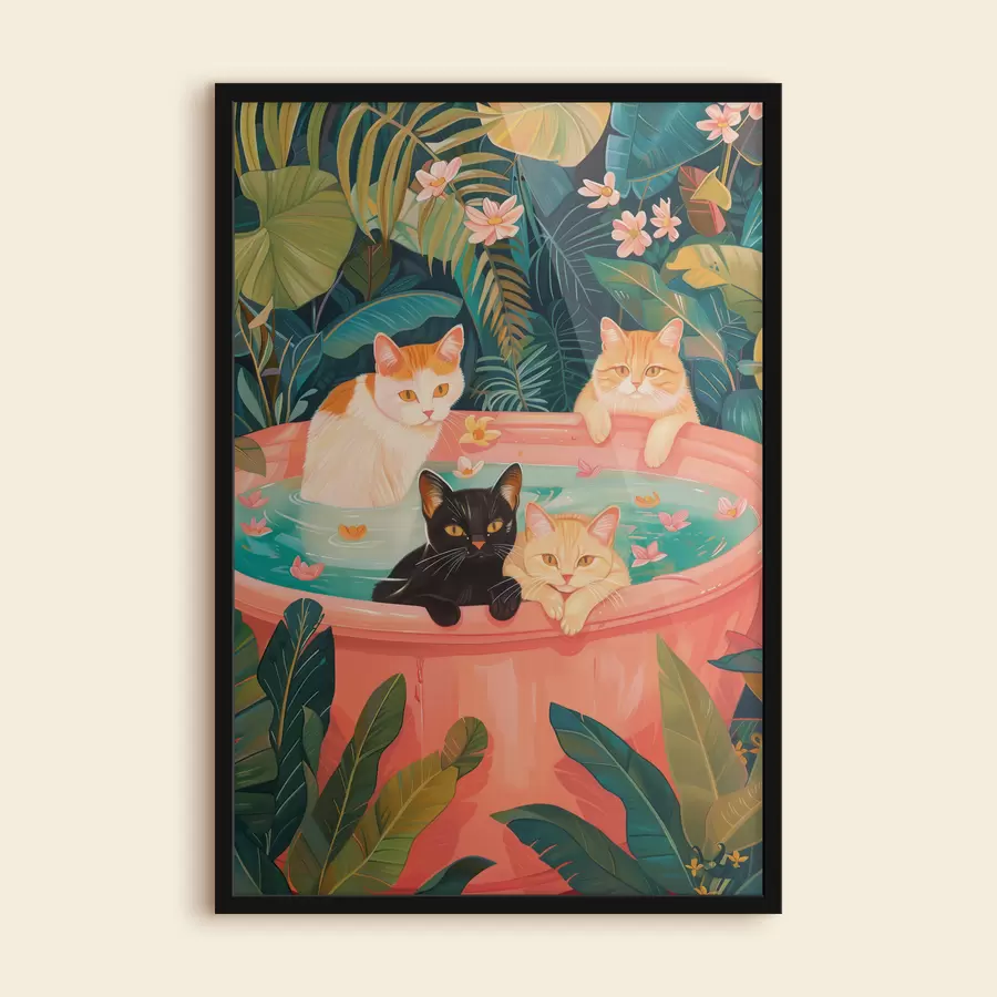 Wandbilder Katzen in einem rosa Bad mit grünen Blättern, Dschungelatmosphäre f39465