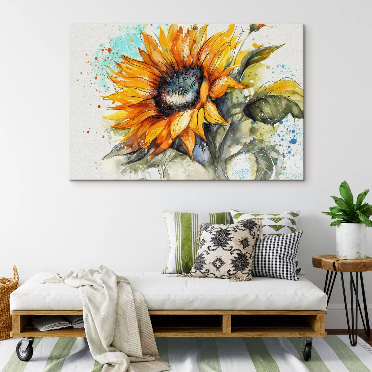 Wandbilder Aquarell-Sonnenblume mit Farbspritzern s39583